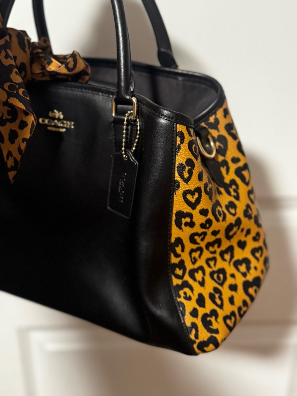 COACH Black Leather Satchel with Leopard-Print Scarf Accent - Picture 2 of 4